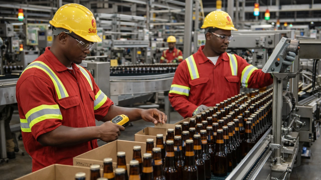 SAB packaging learnership participants working in a beverage manufacturing plant