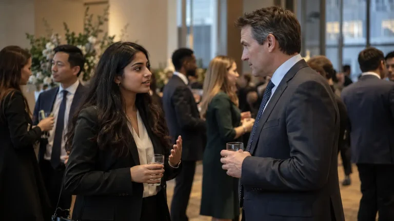 Group of young finance graduates speaking with professionals at a financial services networking event