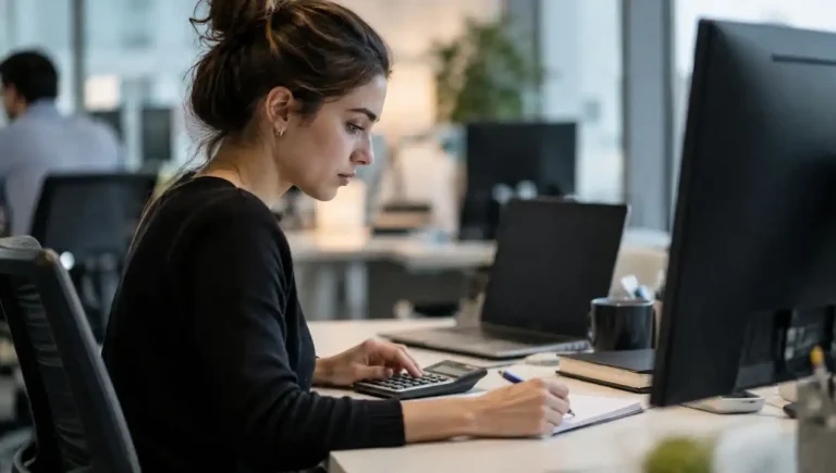 Best Software Skills for Accounting and Finance Graduates Modern office desk with calculator, keyboard and closed notebook representing finance technology skills