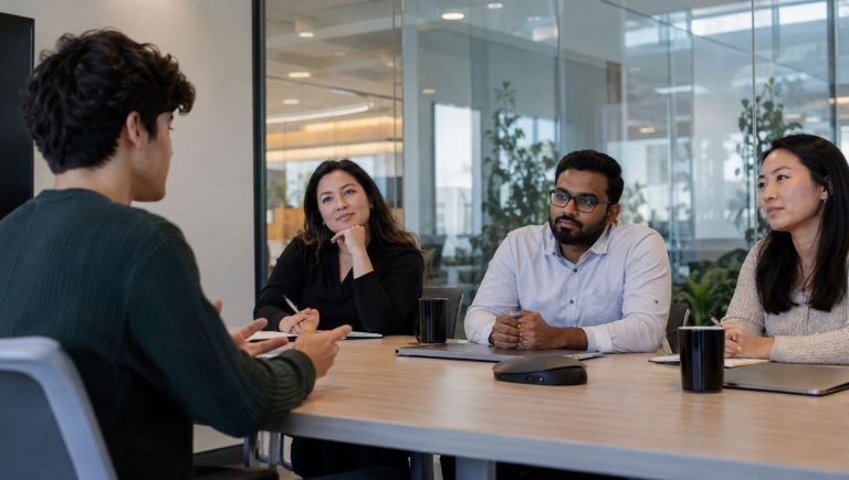 Software engineering candidates speaking to interview panel