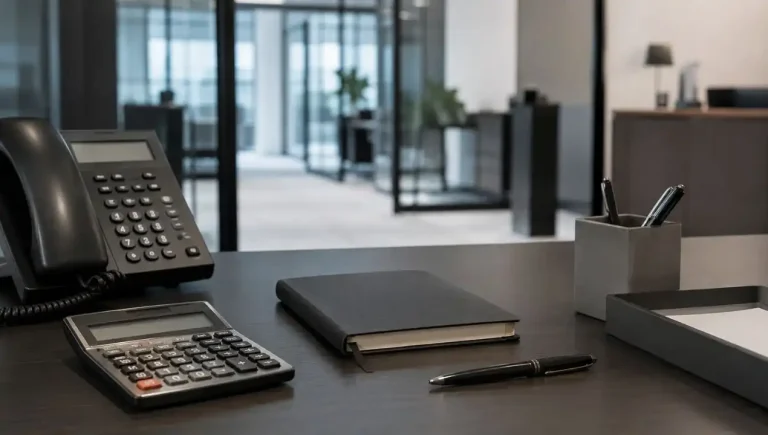 What Does a Financial Analyst Intern Do? Financial district office interior with a calculator and closed notebook on a clean desk